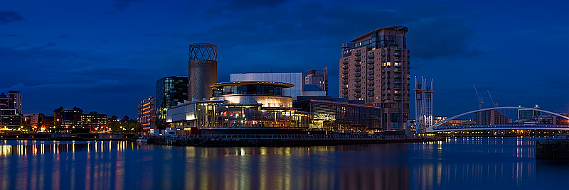Panorama of Salford Quays at night. Fine Art Landscape Photography by Gary Waidson