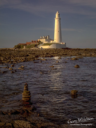 St. Mary's Island Lighthouse and small stack. Landscape photography by Gary Waidson.
